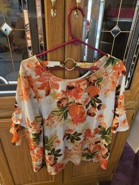 Floral Scoop Neck Blouse - Orange/Green